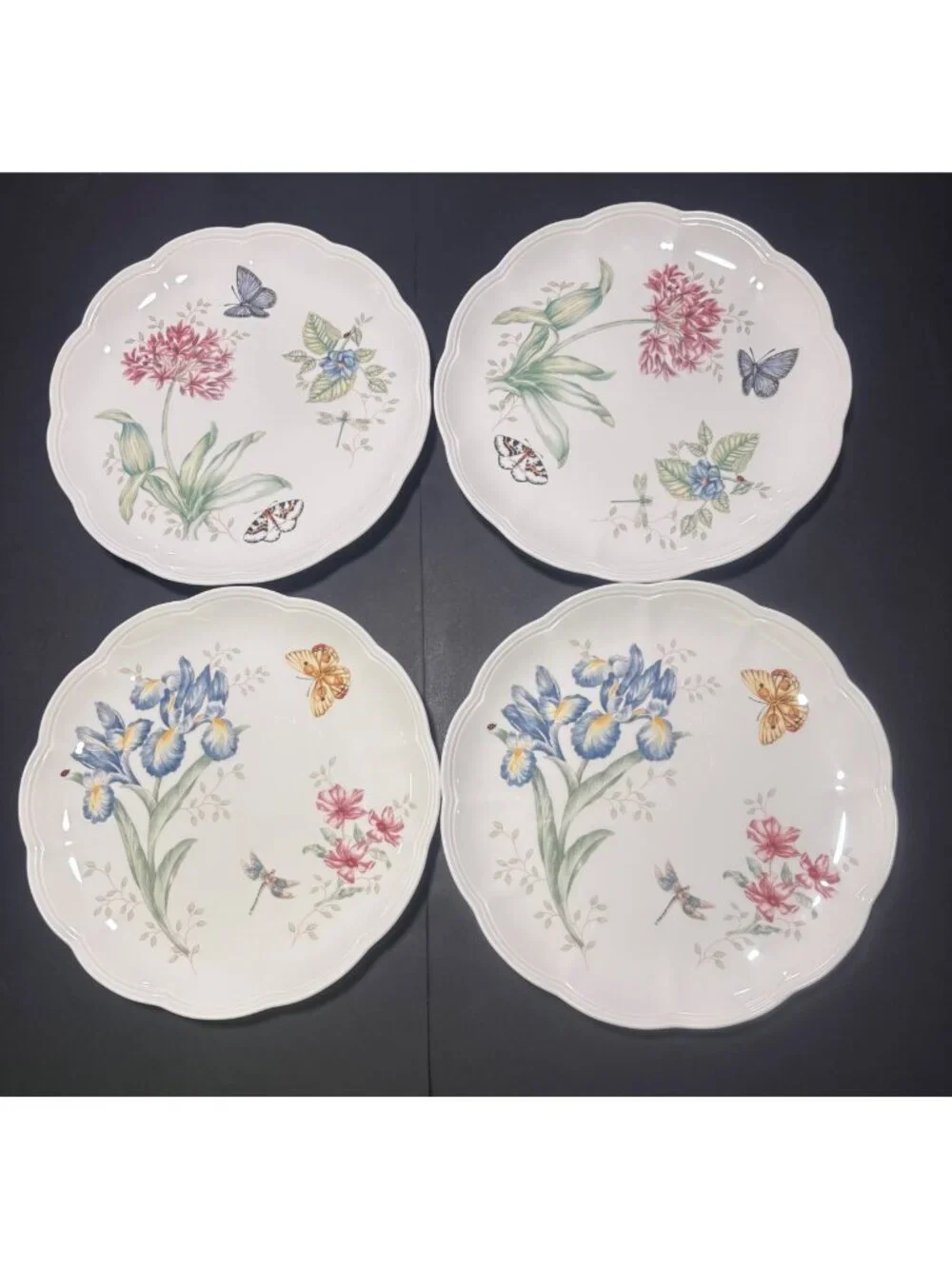 Lenox Butterfly Meadow Scalloped Dinner Plates Lot Of 4 Floral Design Vintage 06